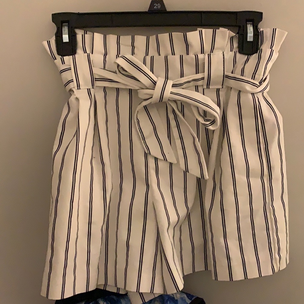 Black and white striped paper bag shorts